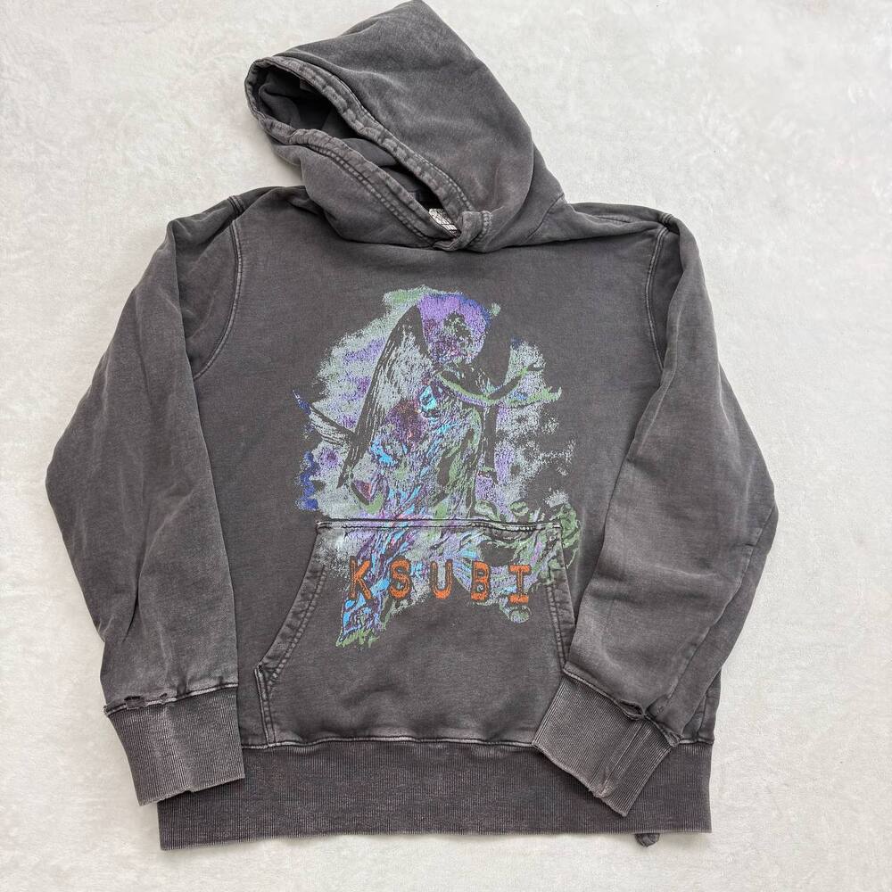 Ksubi Men's Grey Hoodie Size L Distressed Graphic Pullover Sweatshirt